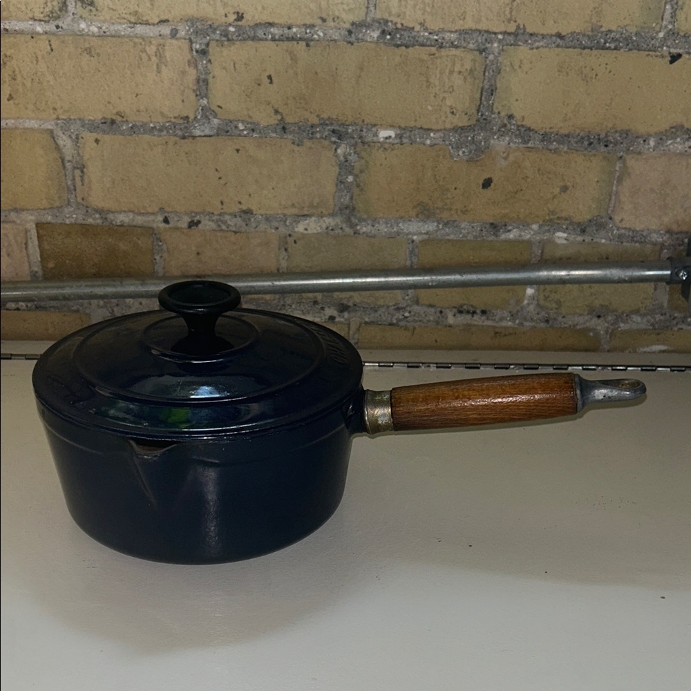 Vintage CHASSEUR FRENCH Cast Iron Saucepan with Wooden Handle like Le Crueset